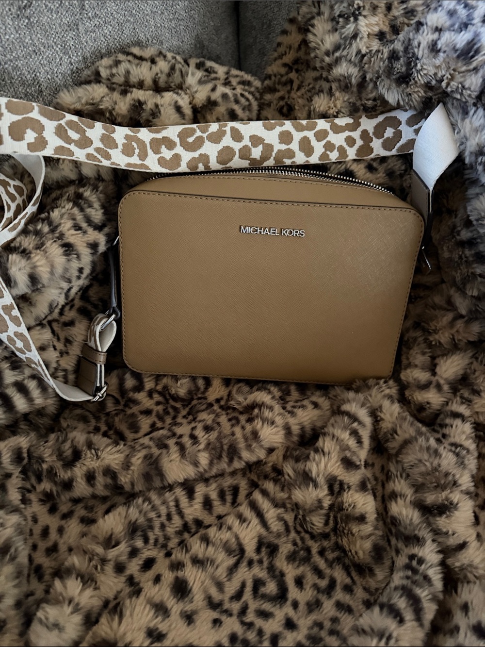 Michael Kors Camel Crossbody Bag with Leopard-Print Strap